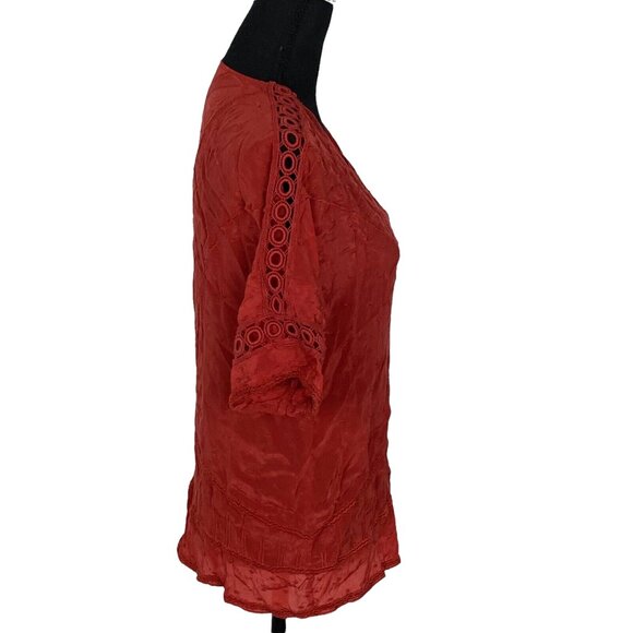 SUNDANCE Women Swiss Dot Short Sleeve Tunic V Neck Sz S Burnt Orange 10-12 - Picture 5 of 9